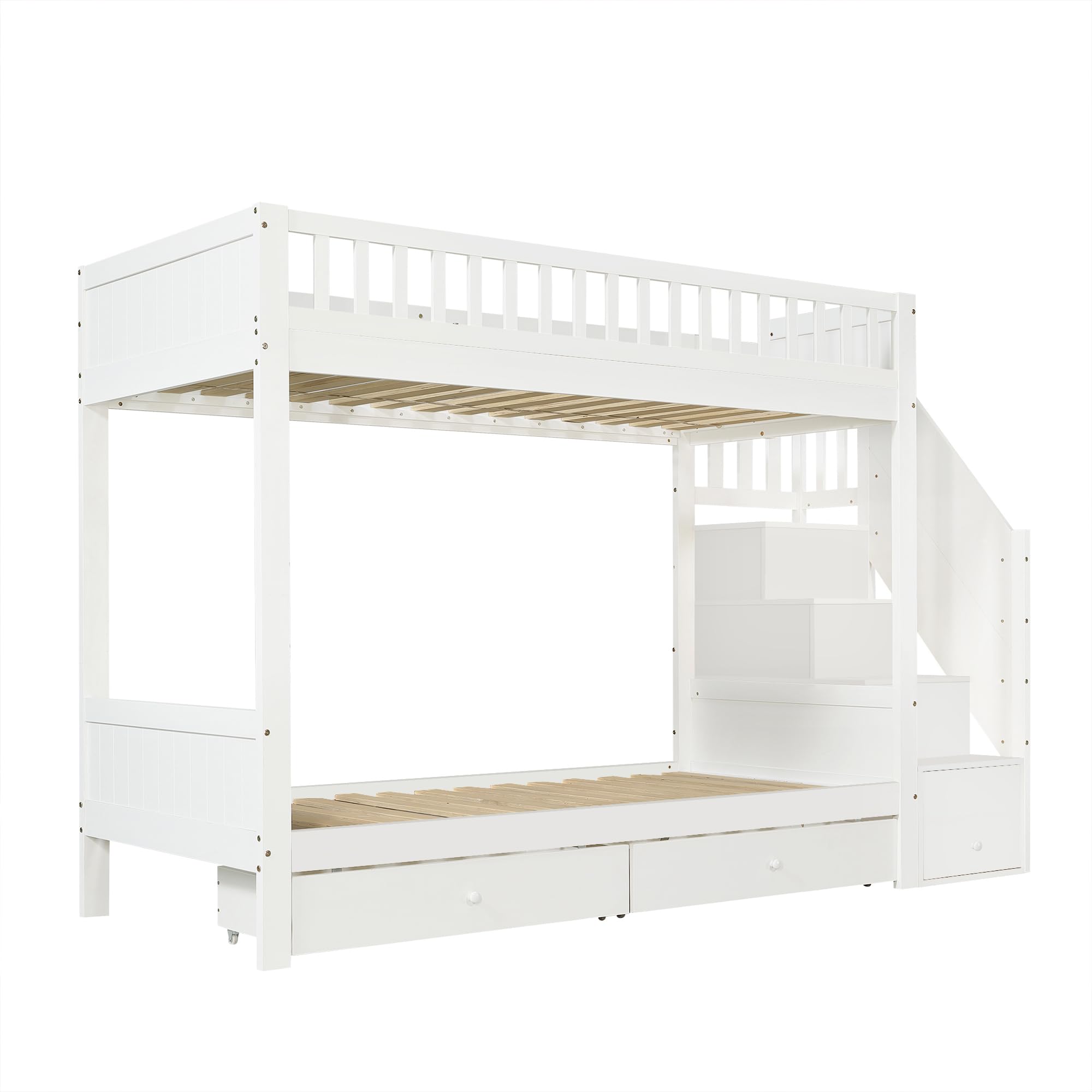 Litera blanca para niños, 90 x 200 cm, de madera, con escalera de almacenamiento, 2 cajoneras, protección contra caídas, cama alta para habitación infantil, sin colchón