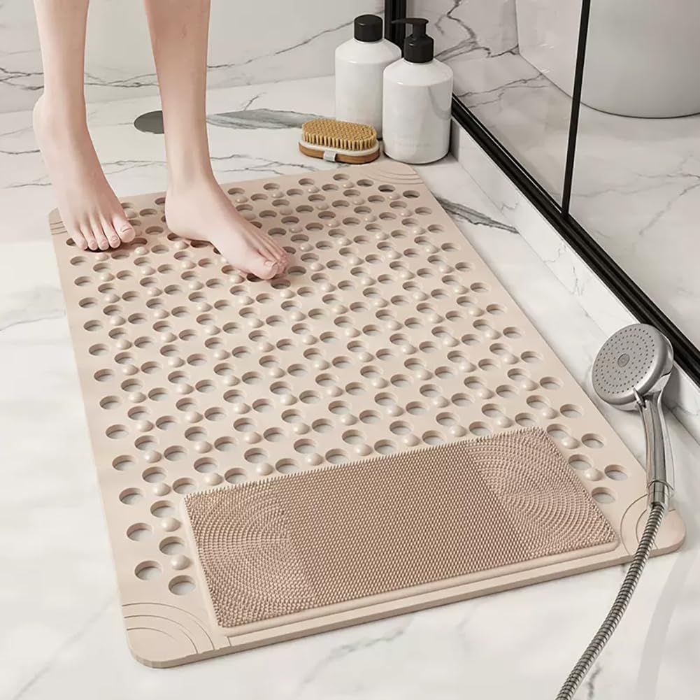 Alfombrilla de Ducha Antideslizante de 60x90 cm, de PVC antimoho con ventosas y Orificios de Drenaje para baño, Hotel y Gimnasio – Alfombrilla de Ducha Beige para Mayor Seguridad y Comodidad