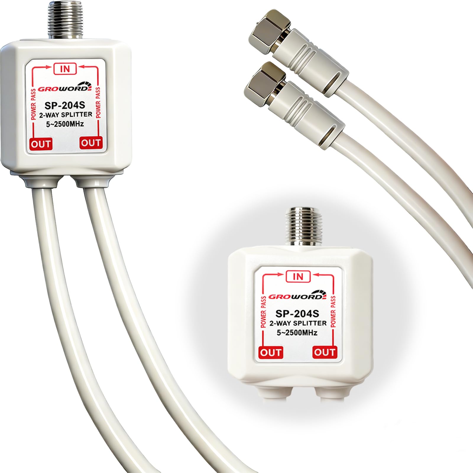 Satellite Splitter 5-2500MHz, 2-Way CATV Splitter with RG6 Coaxial Cable and 2 Connectors, for Pass Power to LNB, Improve HD TV Satellite Antenna Signal Quality, Corrosion Resistant