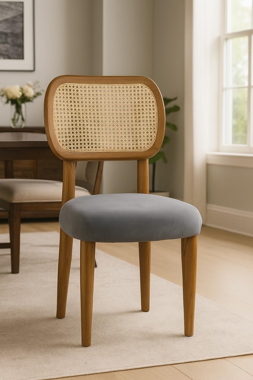 Cane Back Velvet Dining Chair | Solid Teak Wood Frame with Handwoven Beige Cane Back & Upholstered Seat-image-3