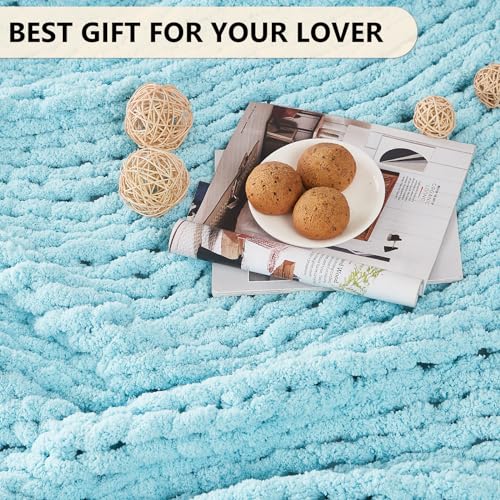 L'AGRATY Chenille Chunky Knit Blanket, Light Blue, 50x60, Heavyweight Throw Blanket for Home Decor