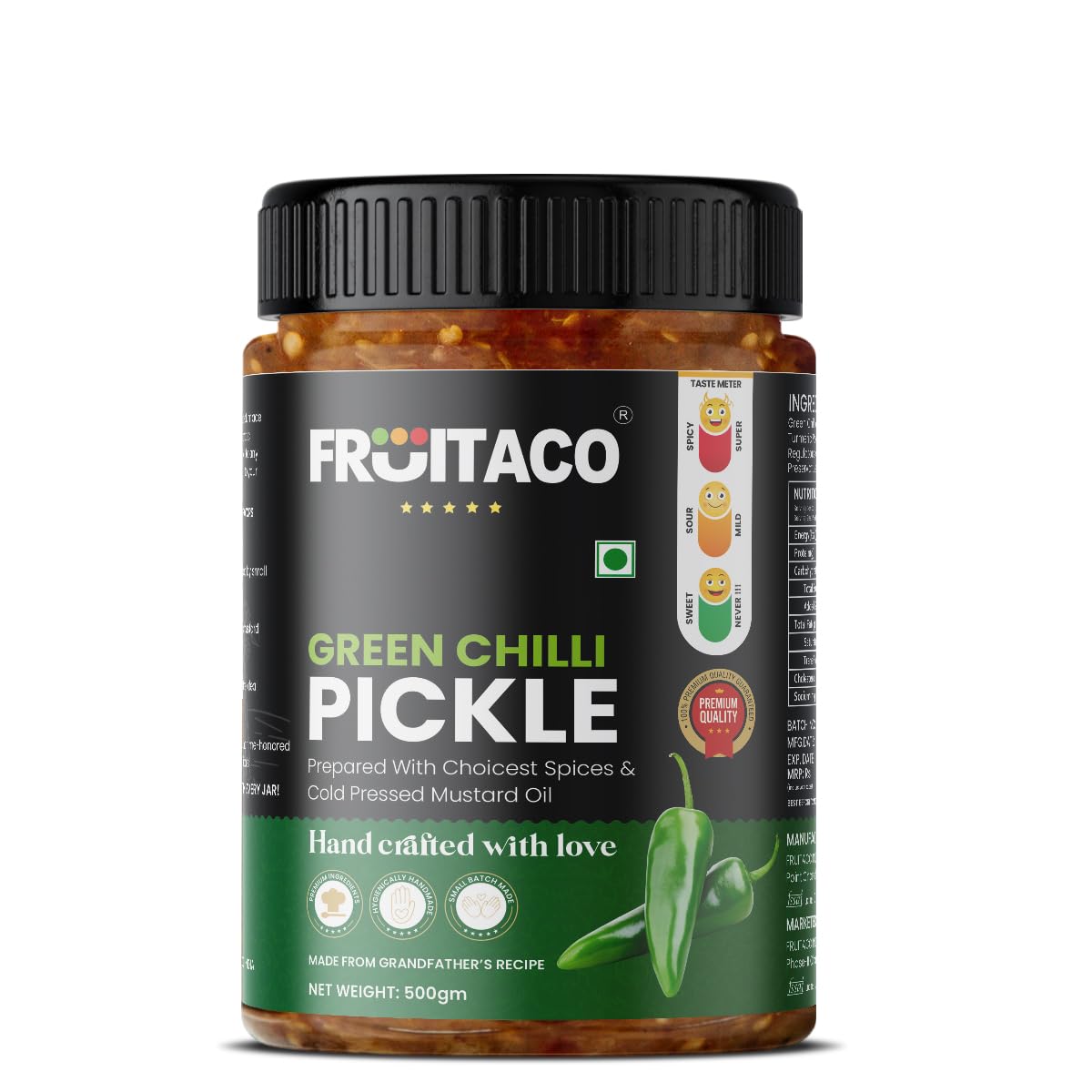 Fruitaco Green Chilli Pickle – Authentic Indian Pickle with Tangy and Spicy Flavor | Perfect Side for Meal (500 Gm, Green Chilli Pickle)
