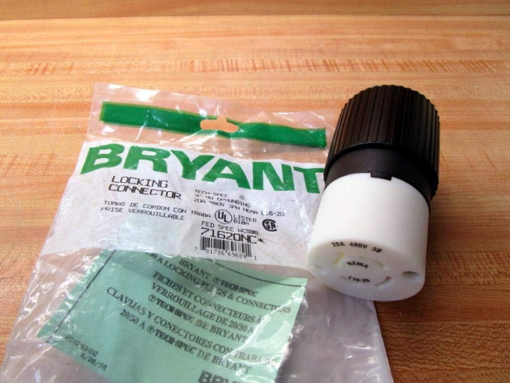 Bryant Electric 71620NC TECH SPEC Industrial Grade Locking Connector, 3-Pole, 4-Wire, Nema L16-20R, 20 Amp, 3-Phase 480V AC, Black/White