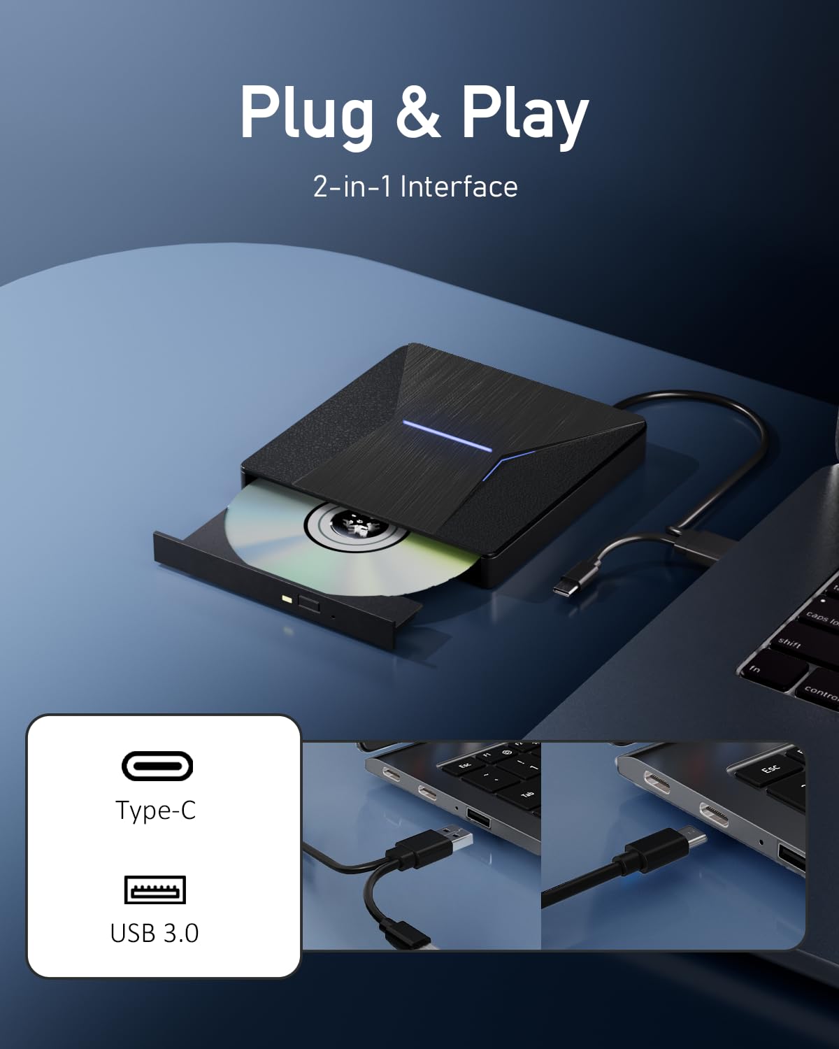 Unidad Blu-Ray Externa USB 3.0 Tipo C Grabadora para Laptop PC MacOS