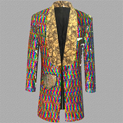 Mens Shiny Rainbow Laser Sequin Extra Long Suit Jacket Shawl Collar Glitter Cardigan Jackets4