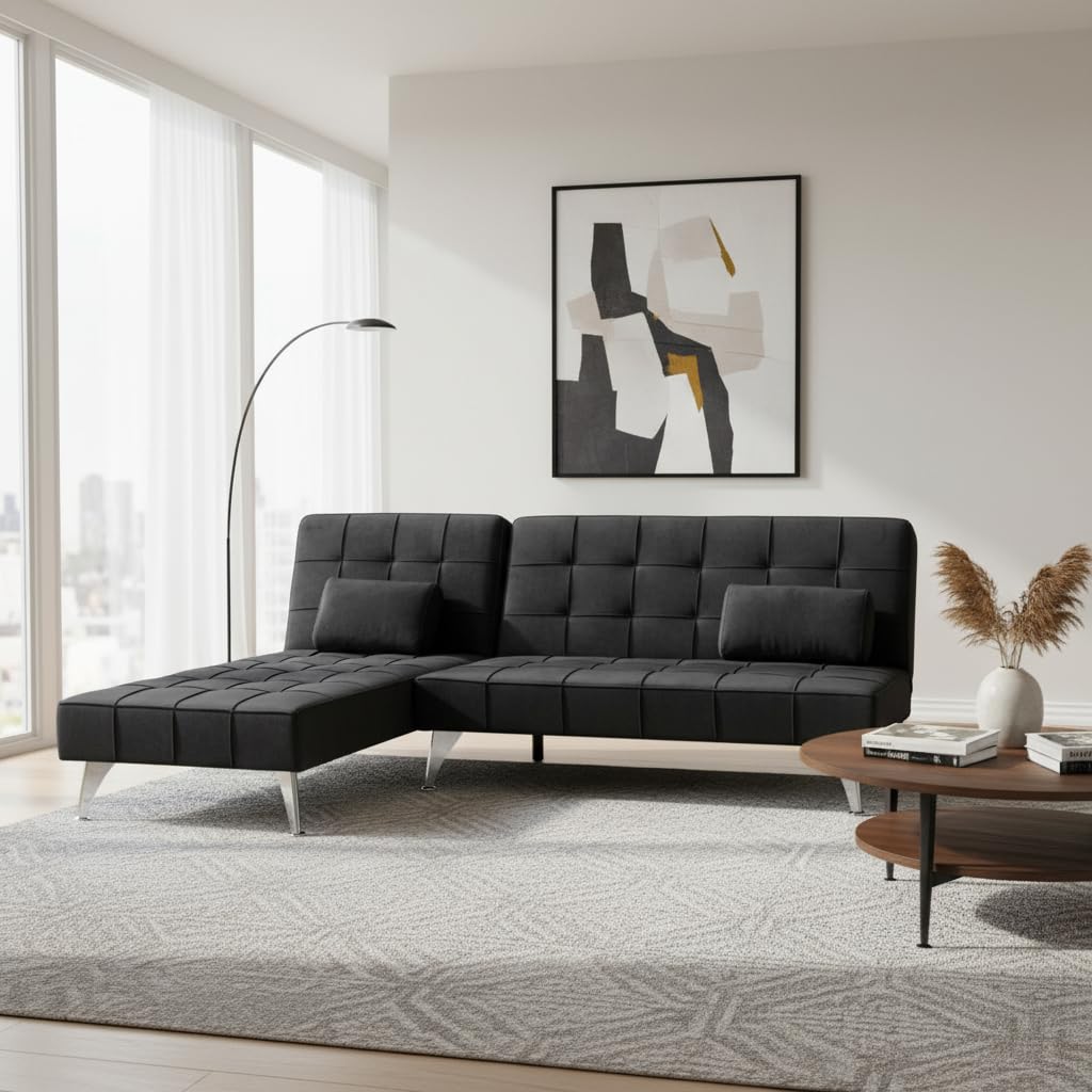 Sofá Cama Chaise Longue Sofia con 2 Cojines - Modelo XS - 198x146x75 cm - Tela Gris - Reclinable en 3 Posiciones - Ideal para Espacios Reducidos