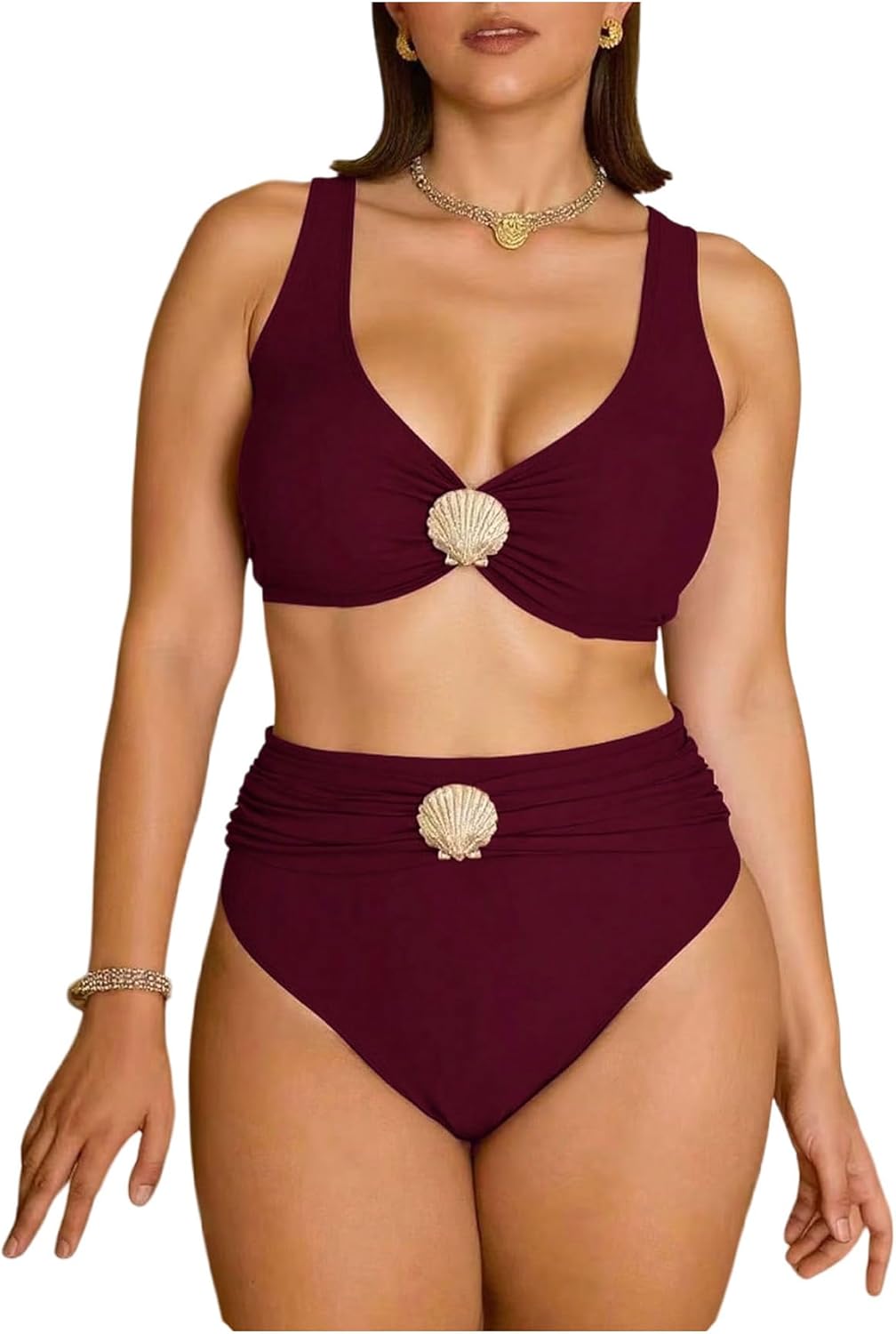 Floerns Women's Plus Size Bikini Sets Shell High Waisted V Neck Swimsuit Bathing Suit