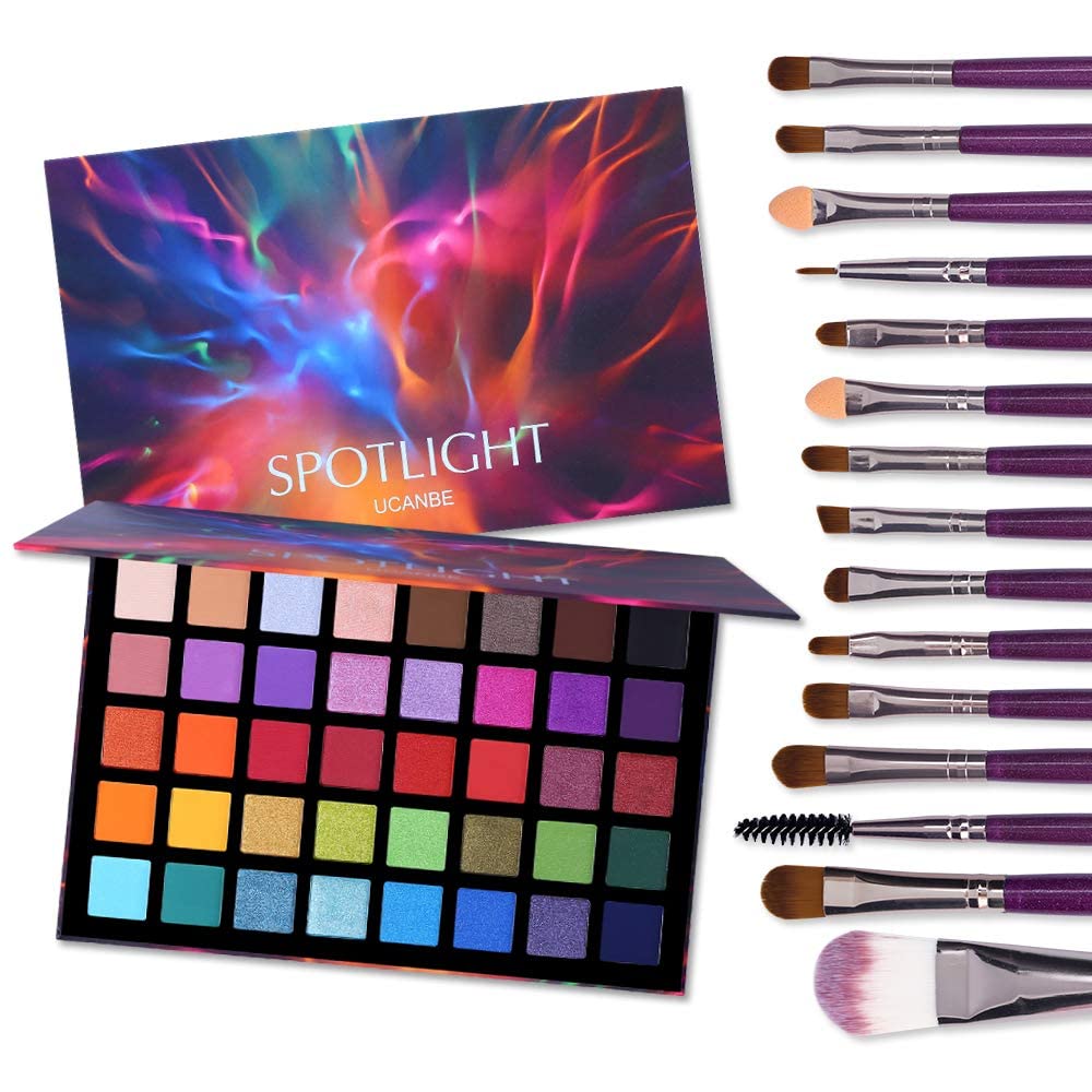 UCANBE Spot light Eyeshadow Palette, 20 PCS Eye Brushes Makeup brush Set, Professional 40 Color Matte Shimmer Glitter Eye Shadow Pallet Highly Pigmented Waterproof Long Lasting Makeup Palette