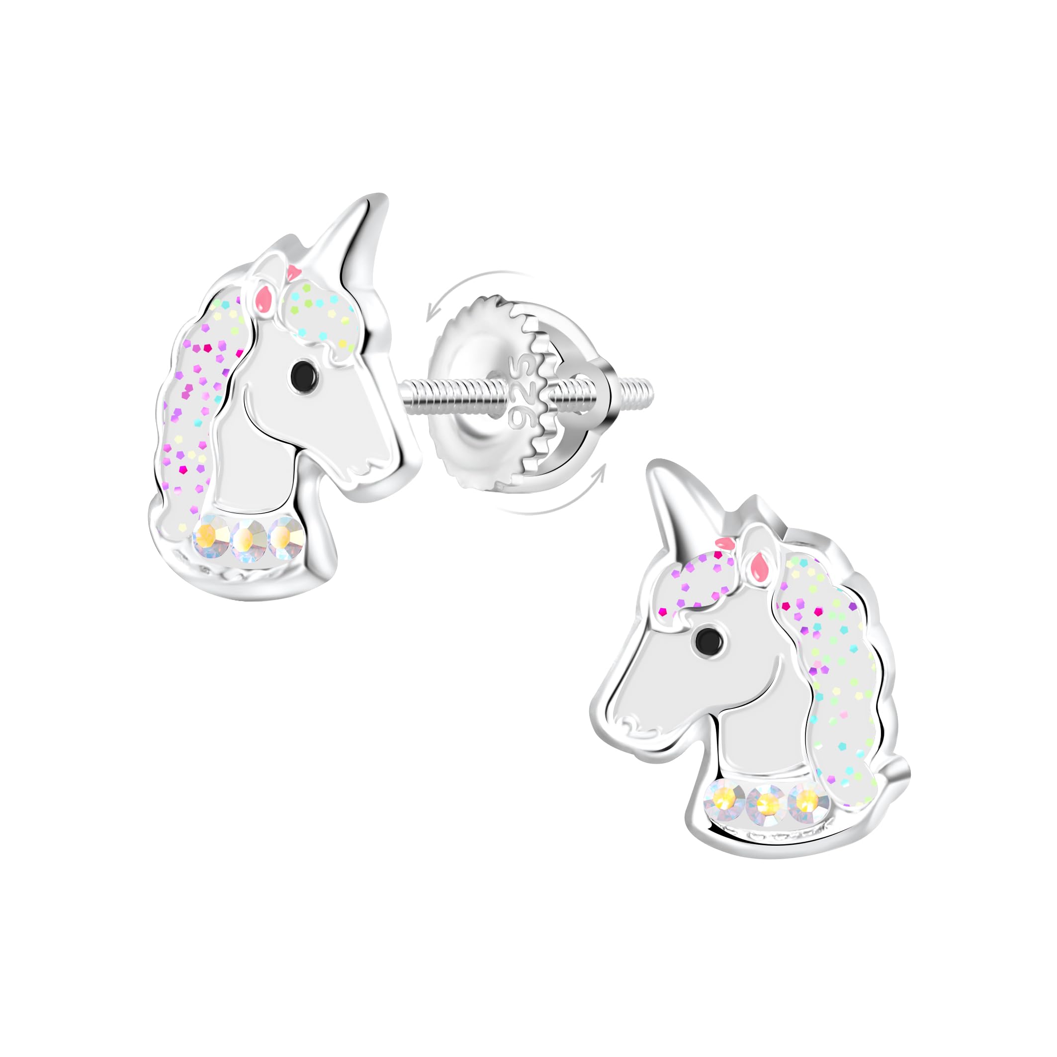 Boucles d’Oreilles Licorne Fille en Argent 925 avec Fermoirs à Vis – Bijoux Enfant Hypoallergéniques Sécurisés – Cadeau Féérique avec Cristaux Scintillants et Émail Coloré