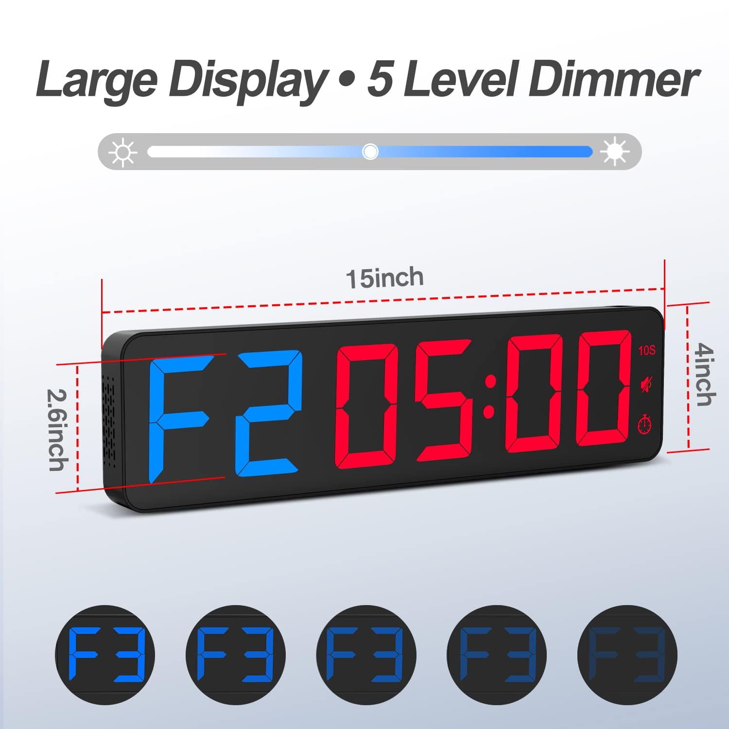 Fitness Minuteur 15'' Grand Horloge Murale Numérique à LED,Timer D'intervalle avec Chronomètre,Compte à Rebours/Haut,Volume Réglable,Télécommande,Minuteur de Sport pour Maison garages l'extérieur