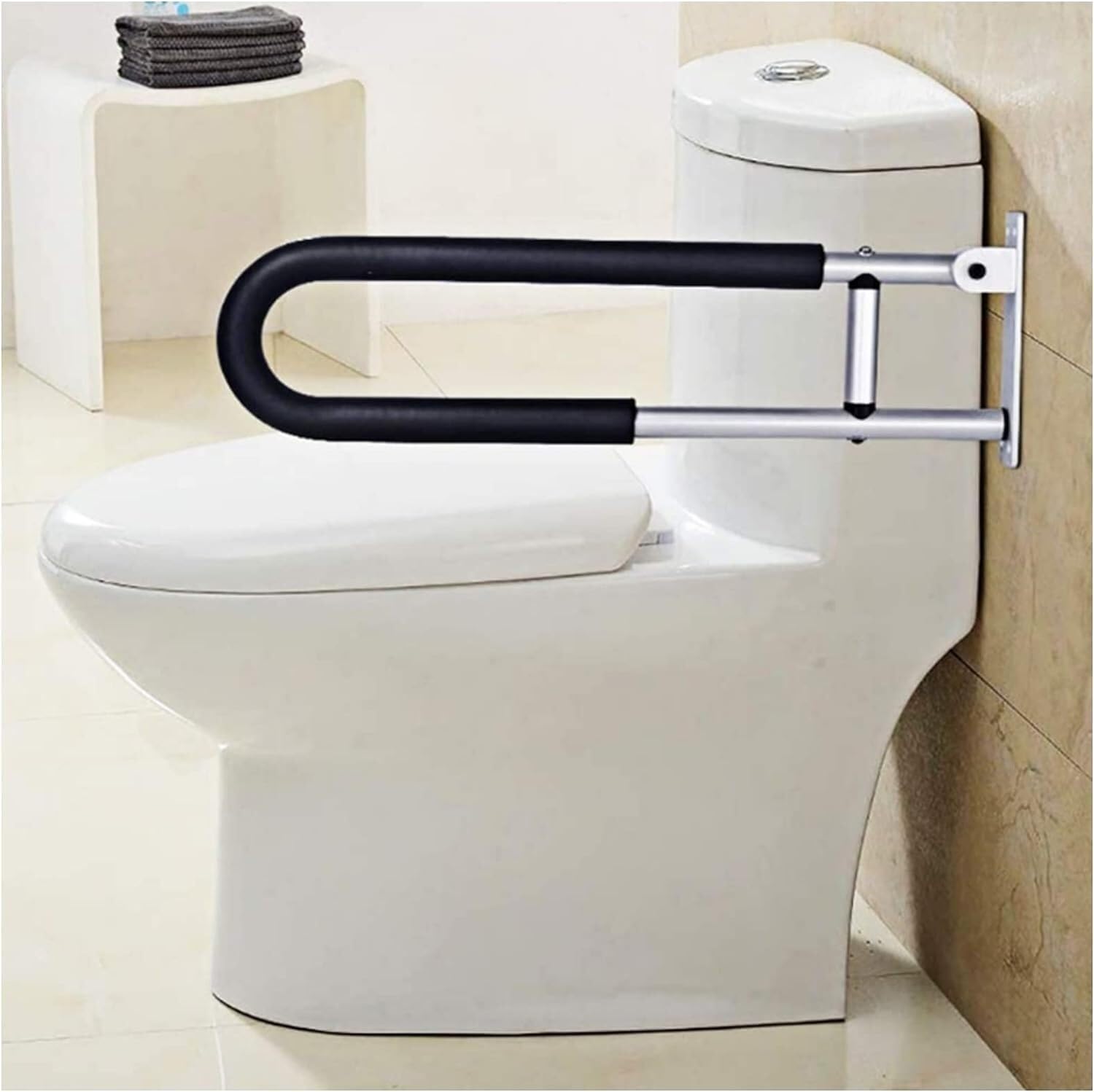 Barra de Seguridad abatible para baño para Personas Mayores y discapacitadas, Antideslizante, con asa de Apoyo, Color Negro, para Personas Mayores lesionadas.