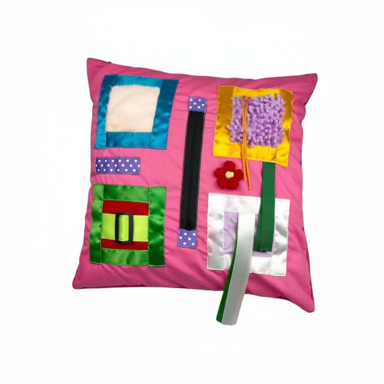 Multi-Texture Tactile Activity Pillow Soft Padded Sensory Cushion Pillow Ribbon Tabs Calm Down Corner Item Zippered, Pink-image-13