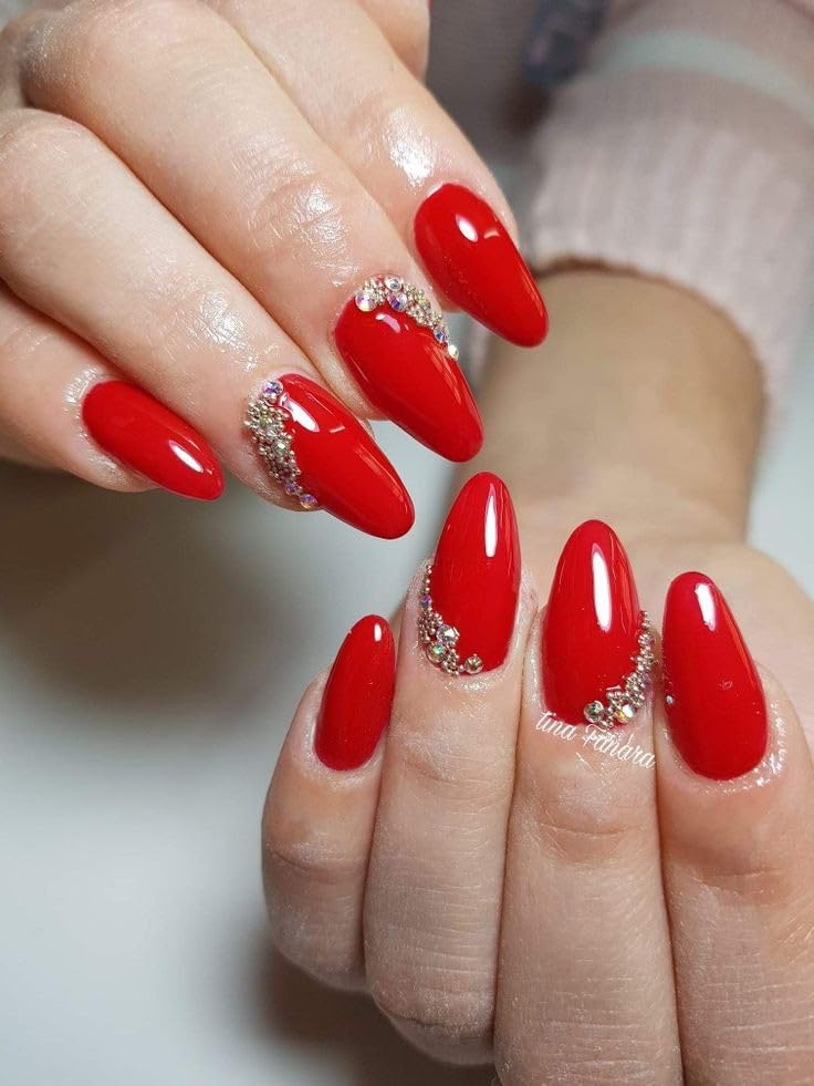 Artificial Nails: Glossy Red With AB Rhinestone Bridal Nails/Shape Almond (Set of 20 with nail glue, nail file, cuticle pusher, cleaning wipe)-picture-30