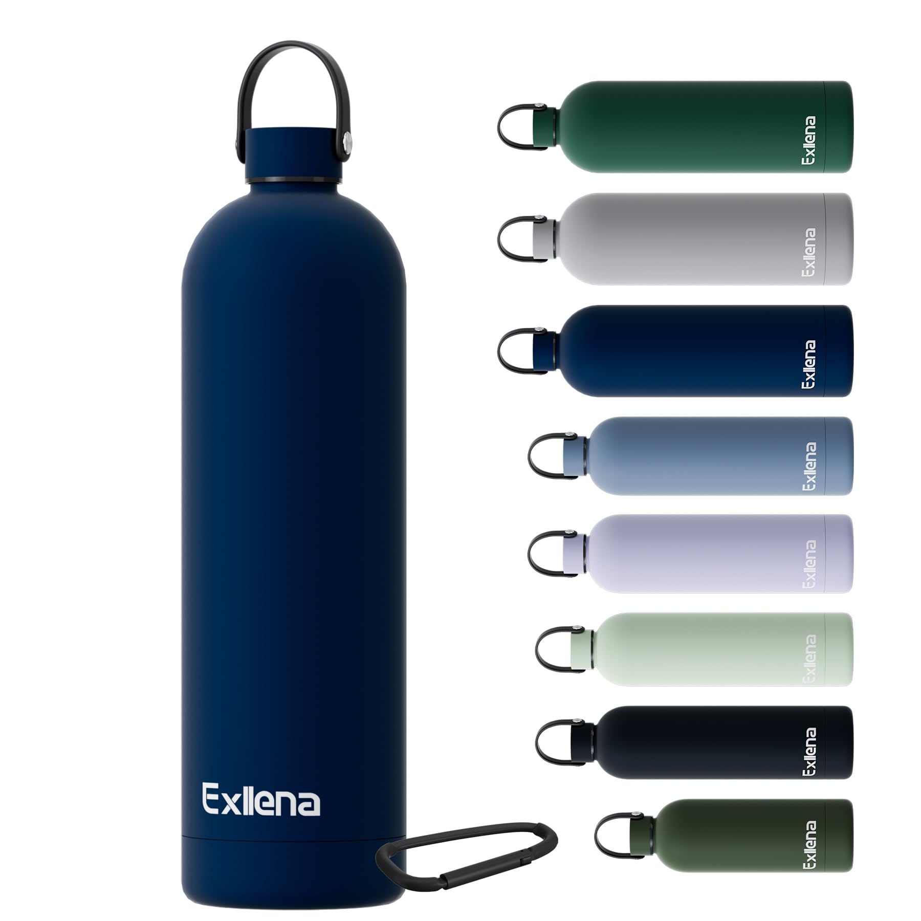 Exllena Borraccia Termica 1,5 Litri con Maniglia e Moschettone -Borraccia 1,5 Litri Mantenere Calore/Freddo - Senza BPA - 100% A Tenuta Stagna per Escursioni, Campeggio, Viaggi, Sport...(Blu Navy)