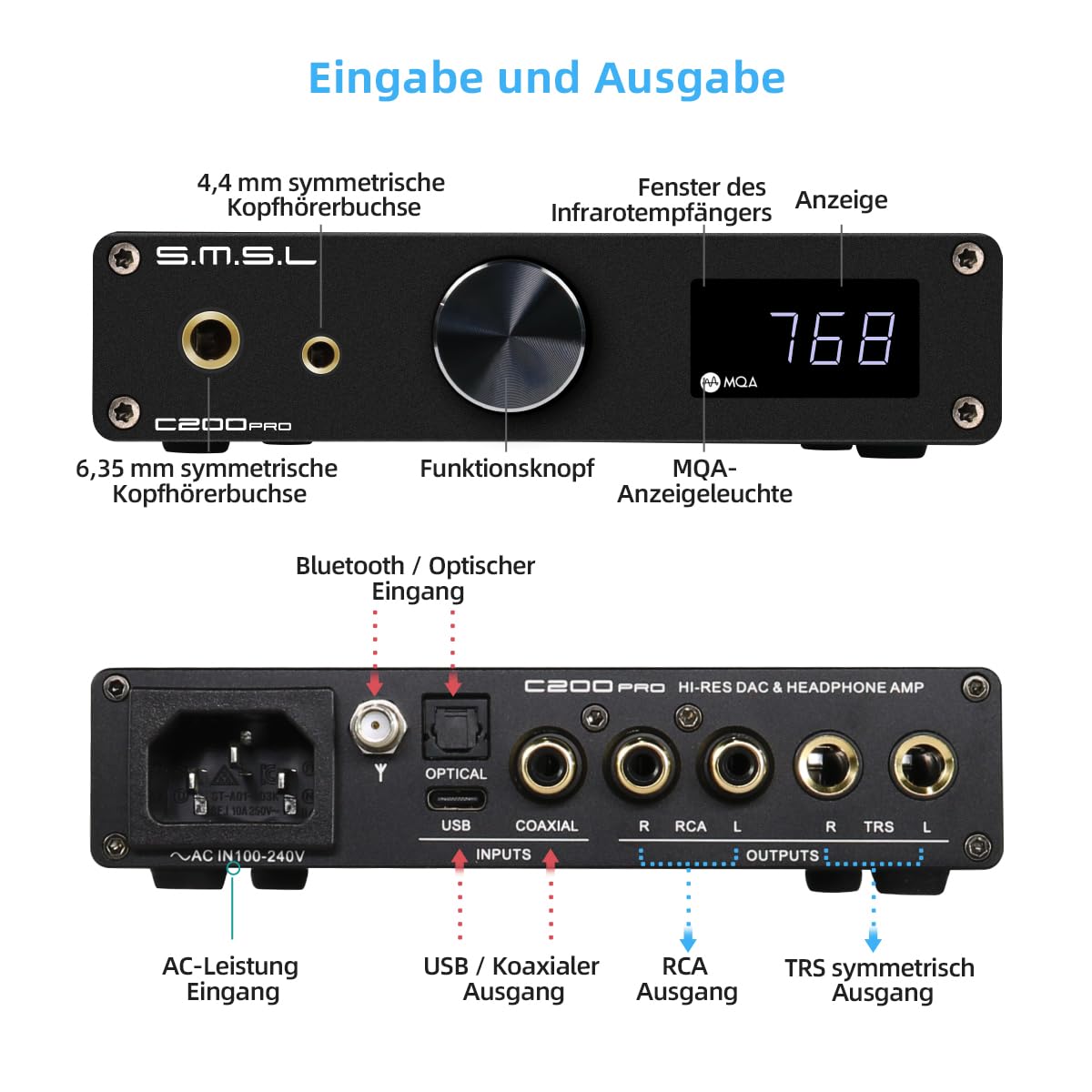 SMSL C200 PRO LDAC Kopfhörerverstärker ES9039Q2M XU-316 DSD512 32Bit/768kHz DAC USB-C Optisch Koaxial Bluetooth 4,4mm 6,35mm RCA TRS