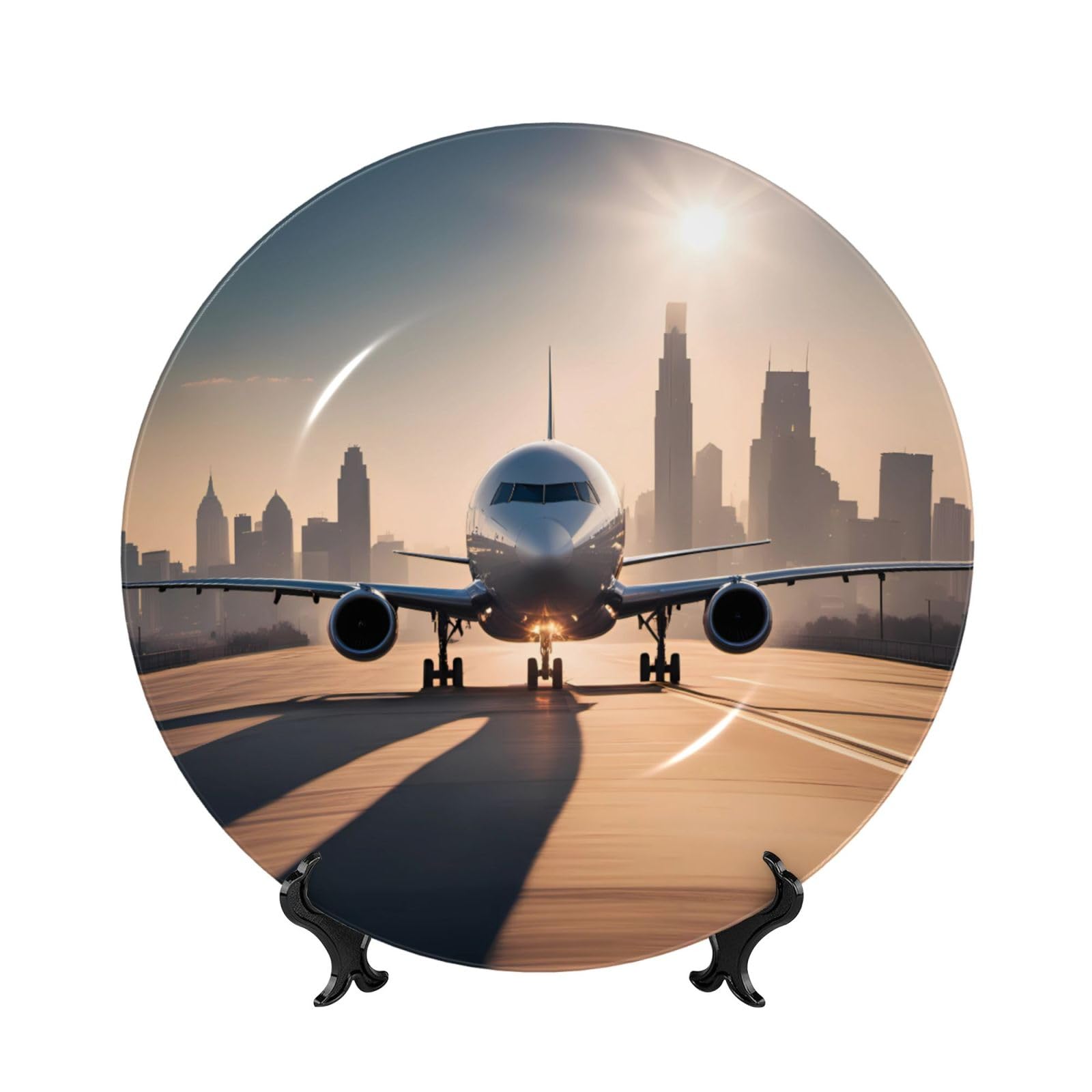 SXZVVBN landing airplane Bone China Decorative Plate Art with Stand Removable Adhesive Hanging for Home Office 7in
