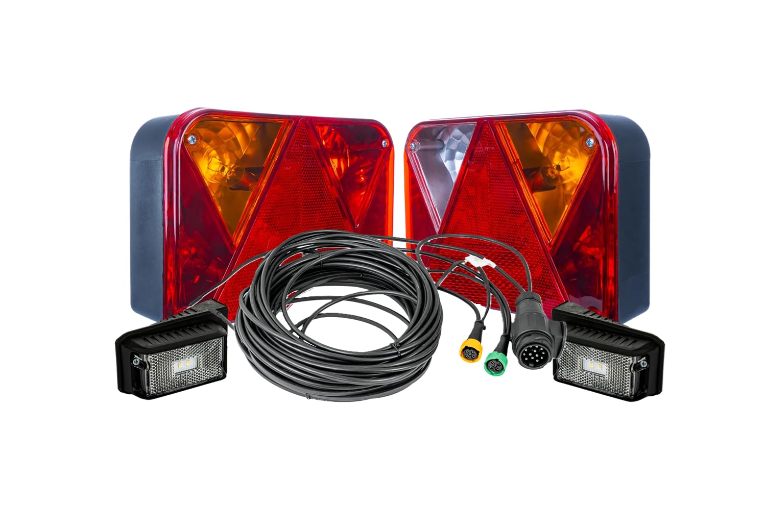 DOBPLAST Anhänger Beleuchtungsset DPT35 Rückleuchten und DPT15 LED Begrenzungsleuchten mit MANTES Kabelbaum 7 m 13-poliger Stecker Schnellverbinder für Anhänger E20 geprüft 12 V
