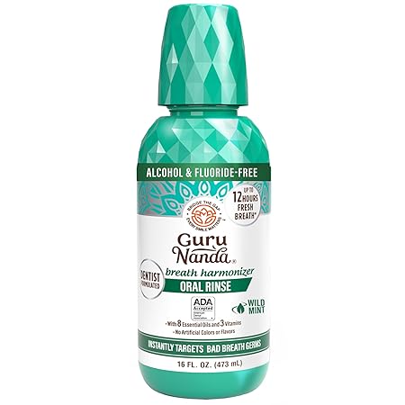 GuruNanda Fresh Breath Mouthwash, ADA-Accepted, Alcohol & Fluoride-Free, Sodium Chlorite, Essential Oils & Vitamins, 12-Hrs Fresh Breath, Wild Mint, 16 oz