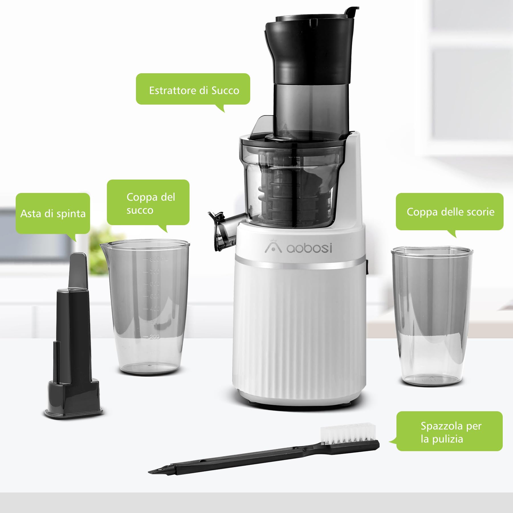 AOBOSI Estrattore frutta e verdura 200 W- Estrattore con coperchio di sicurezza reversibile-Estrattore di succo- Estrattore frutta e verdura a freddo per frutta e verdura con chip intelligente. Bianco