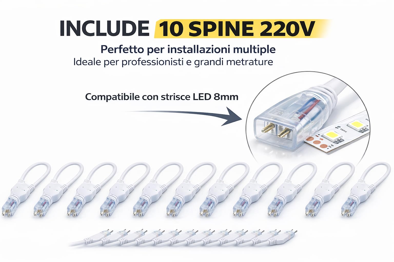 Generico Striscia LED 100 Metri 8mm 220V 8W/M 120 LED/M 2835 – Luce Blu Alta Luminosità – Taglio Ogni 10cm – Include 10 Spine – Striscia LED Professionale per Interno Esterno