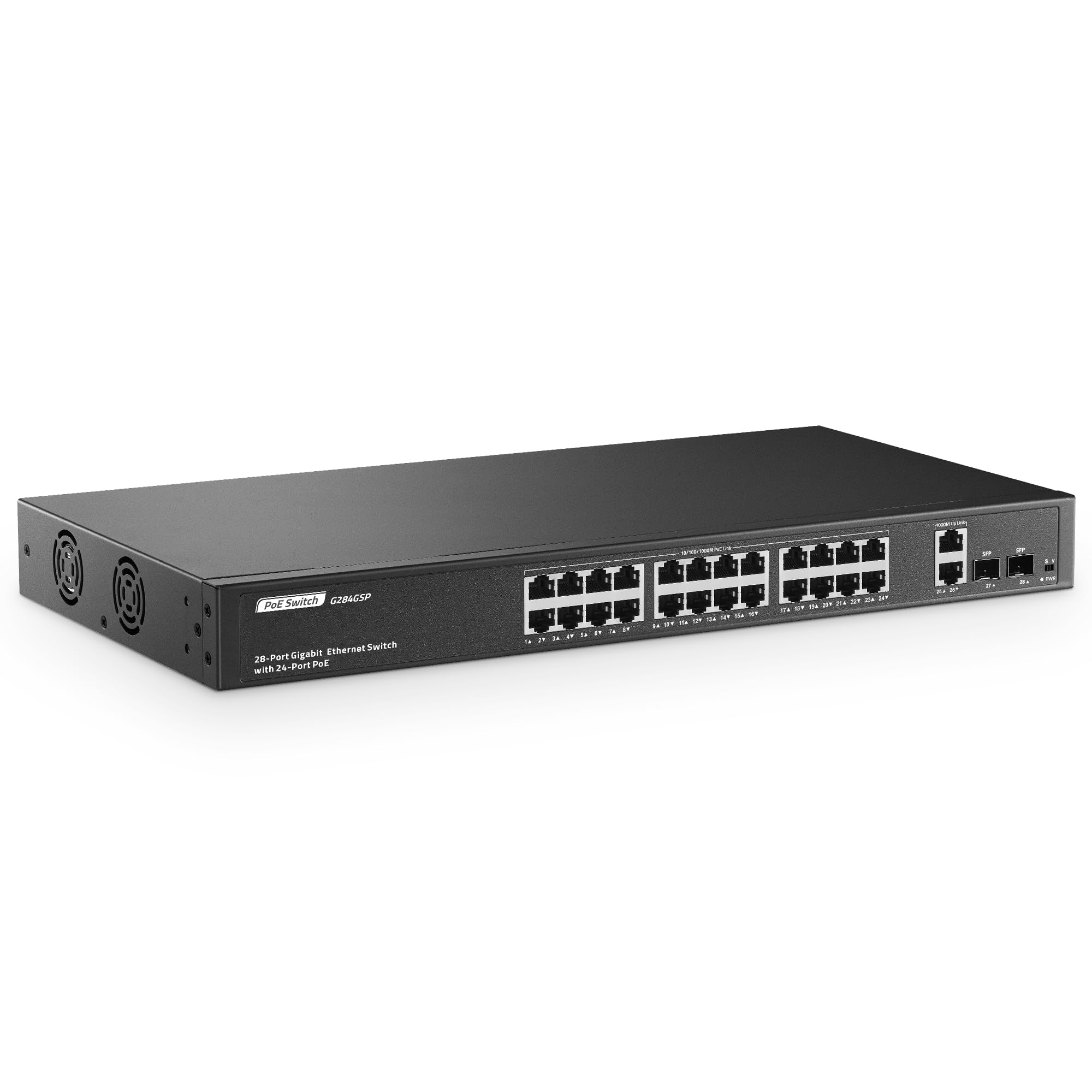 YuLinca Switch Gigabit PoE a 24 porte con 2-Gigabit uplink, 2 Gigabit SFP, IEEE802.3af/at Max 400 W, switch non gestito con VLAN e AI Watchdog