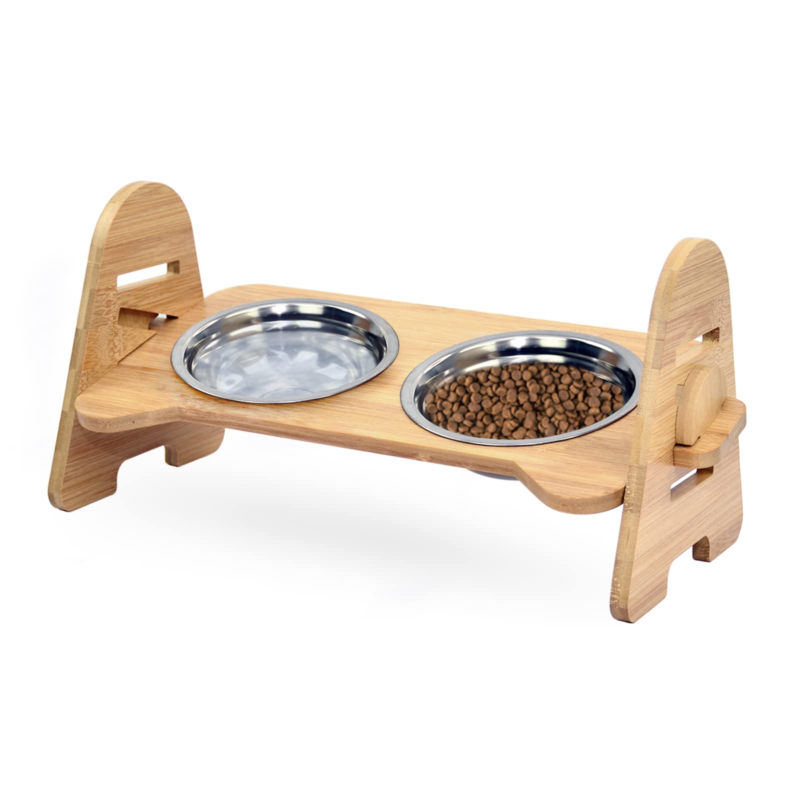 Elevated Dog Bowls, Adjustable Raised Dog Bowl Stand, Bamboo Pet Food Feeder with 2 Stainless Steel Bowls for Small Dogs Cats, Home & Outdoor Use (3 Levels Height Adjustable)