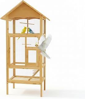 Mucola Vogelvoliere Holz großer Vogelkäfig mit 2 Türen Vogelhaus mit Sitzstangen, Leiter und Kotschublade Außenvoliere 74 x 74 x 194 cm Zuchtkäfig Vogelhaus