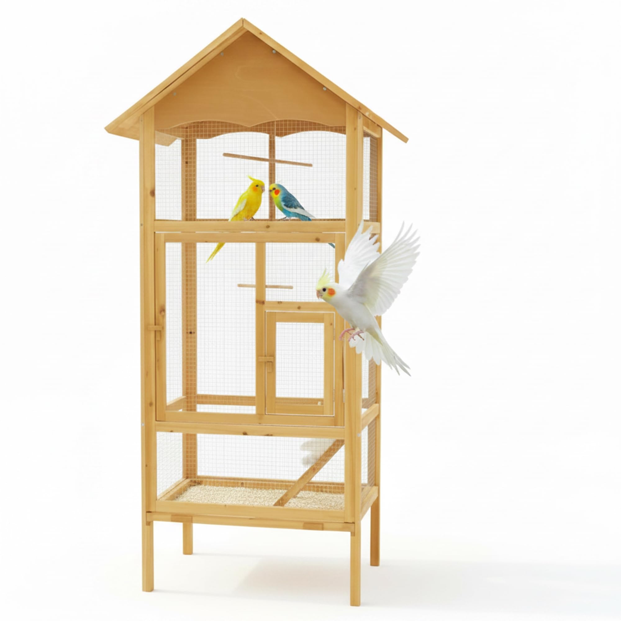 Mucola Vogelvoliere Holz großer Vogelkäfig mit 2 Türen Vogelhaus mit Sitzstangen, Leiter und Kotschublade Außenvoliere 74 x 74 x 194 cm Zuchtkäfig Vogelhaus