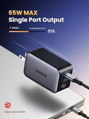 Miniatura 2 de UGREEN Cargador USB C de 65 W, Nexode 3 puertos GaN Bloque de cargador rápido, cargador plegable compacto para MacBook ProAir, Dell XPS, iPhone 15