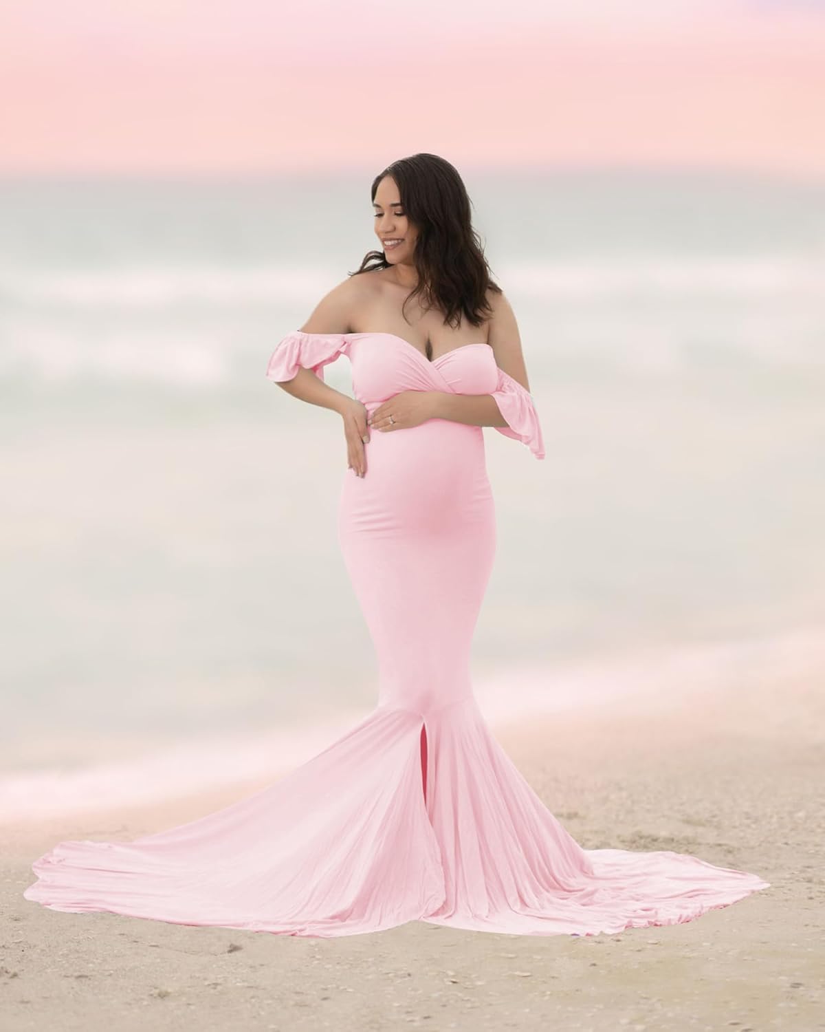 Saslax Off Shoulder Ruffle Sleeves Elegant Fitted Maxi Maternity Dress for Photoshoot Baby Shower - Image 2