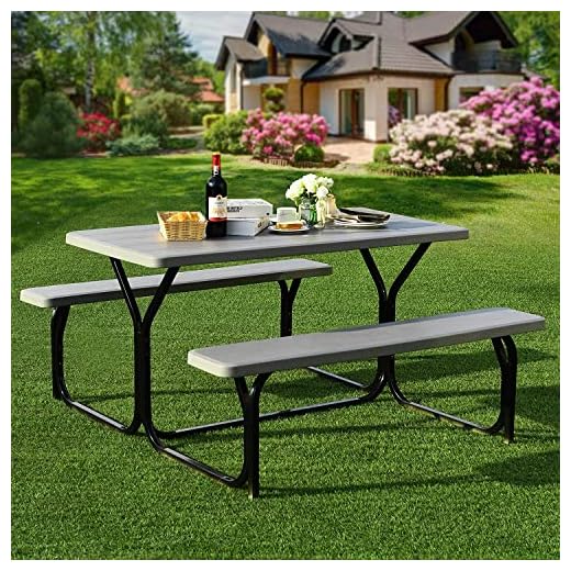 Hysache Picnic Table Bench Set, Patio All Weather Metal Base Camping Table Set w/Wood Texture Tabletop, Steel Frame, Large Camping Picnic Tables for Backyard Poolside Garden Patio Lawn (Grey)