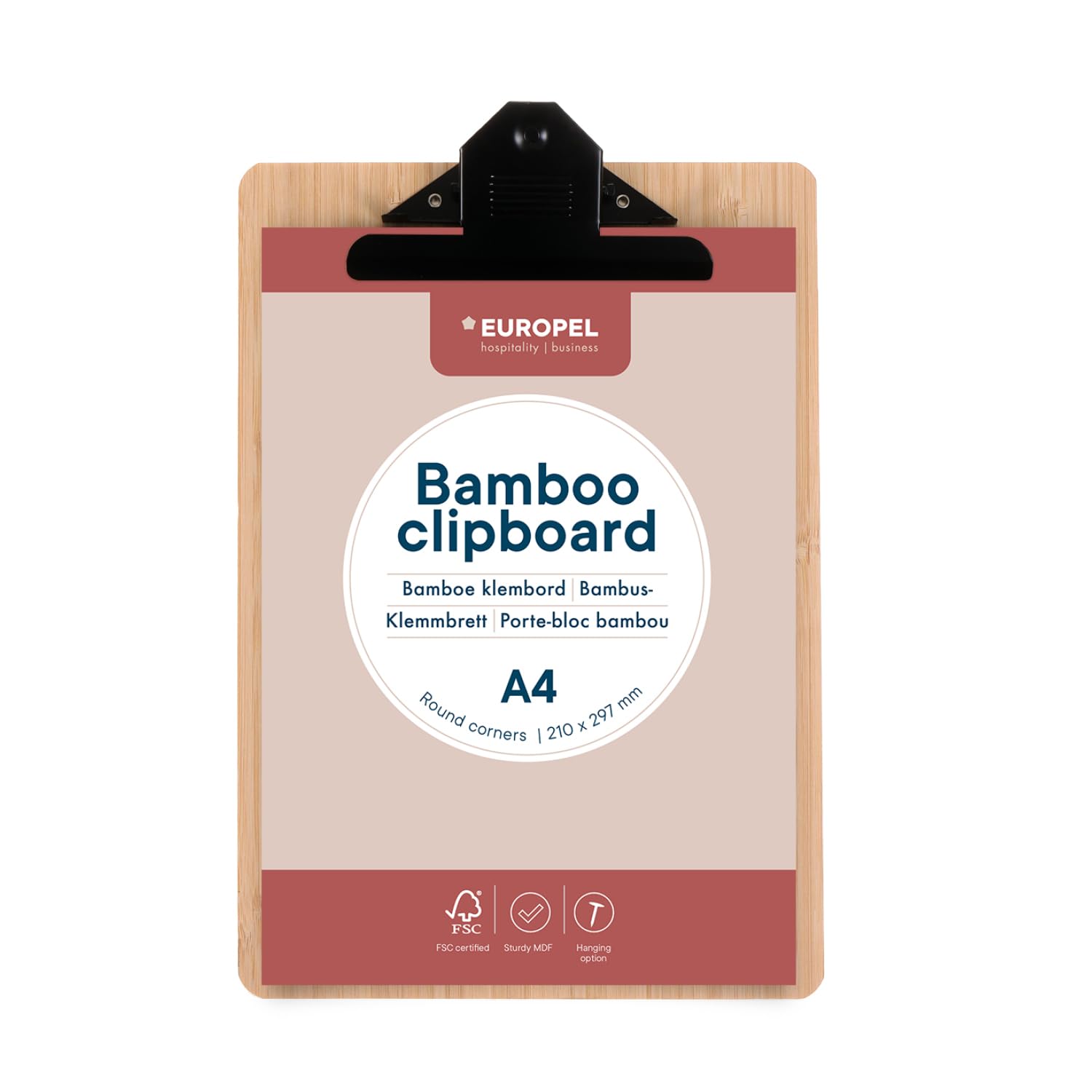 EUROPEL Bamboo Clipboard - Durable Wood Hardboard with Black Metal Clip & Concealed Hanging Hole - A4 Landscape for School Classroom, Office, Business, Restaurant, Warehouse, 197012