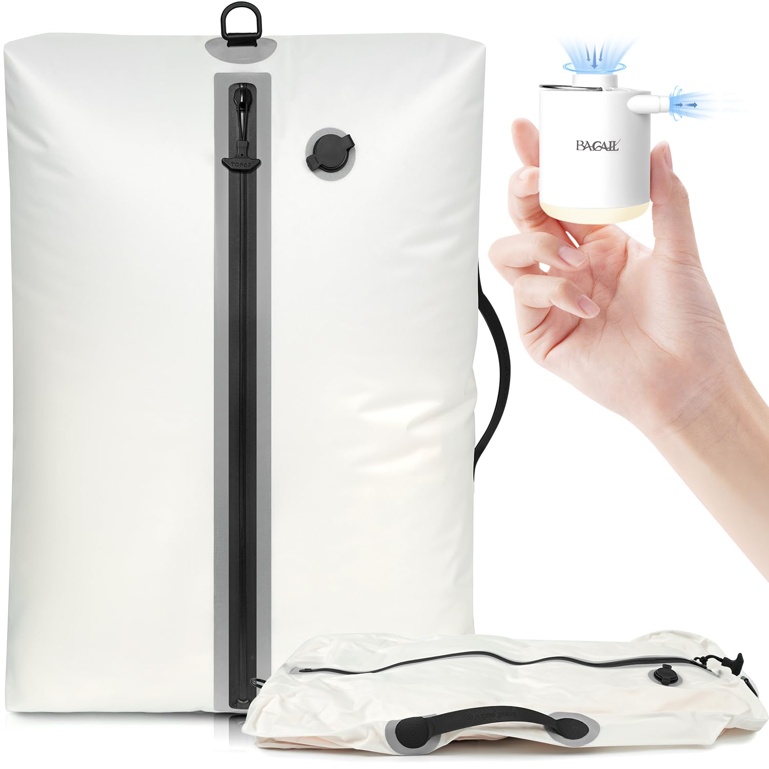 BAGAIL TPU Vacuum Bag for Travel, Reusable Compression Bag with IPX8 Waterproof Zipper, Save Space for Suitcase, Backpack and Carry on (Cream, ExtraLarge, With Pump)