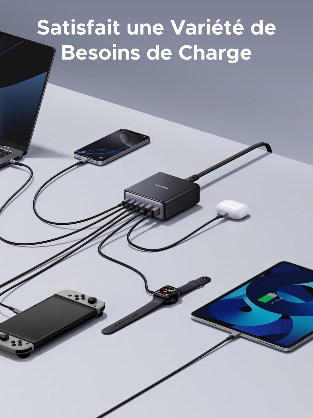 UGREEN Zapix 100W 6 Ports Chargeur USB C Rapide Station de Charge Bureau GaN Tech 65W Compatible avec iPhone 17 Pro Max Air 16 15 14 13 12 iPad MacBook Pro Air Neo M5 M4 M3 M2 M1 Galaxy S26 S25 S24