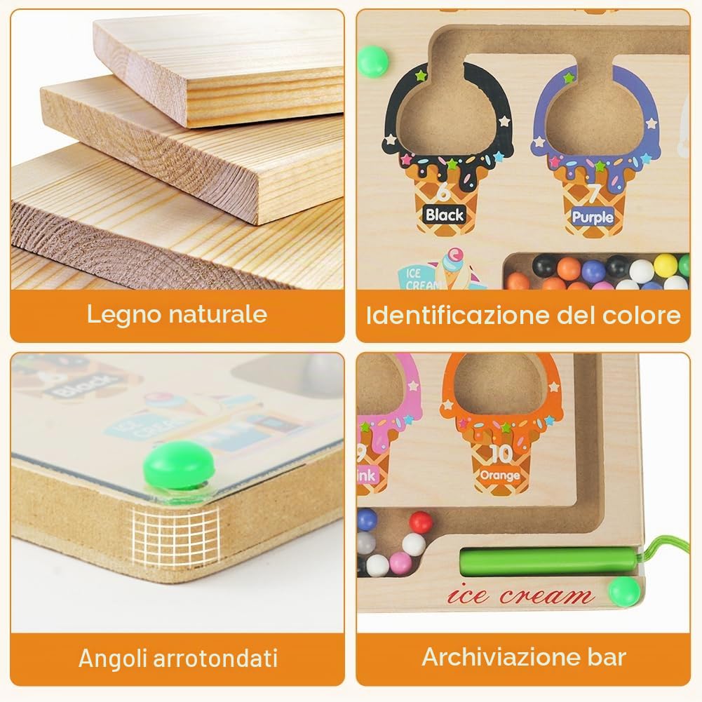 Ainiv Labirinto Magnetico Bambini, Magneti per Lavagna Magnetica in Legno, Numeri Colore Giocattoli Montessori per Bambini, Educativi Giocattoli Regalo per Ragazzi Ragazze 3 4 5 6 7 Anni (Gelato)