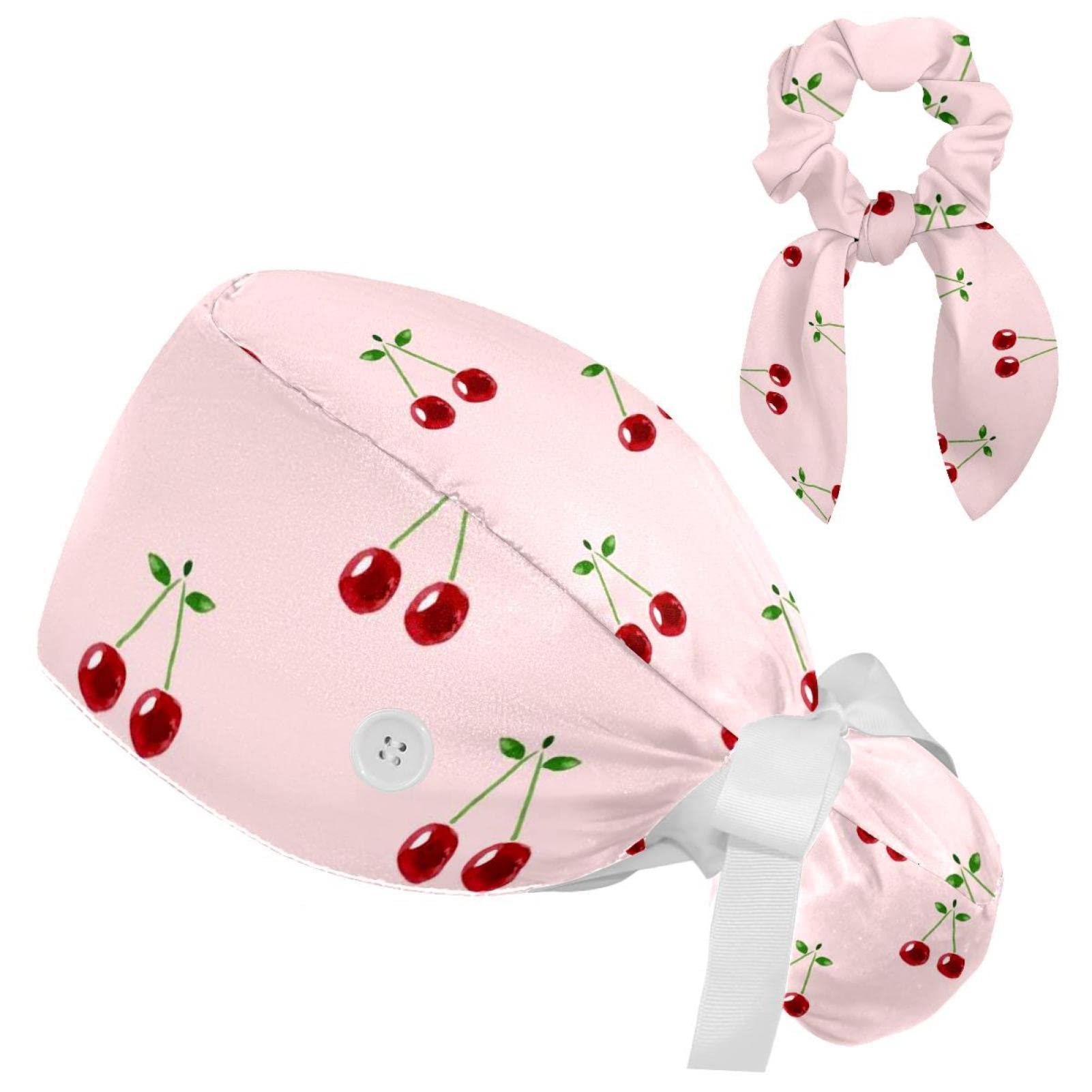 AsaileCherry Scrub Cap, Adjustable Tie Back Hat, One Size Working Head Cover for Women Long Hair