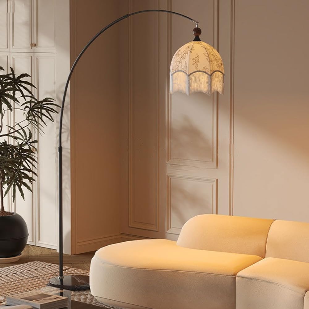 HGJHJJHK Mid Century Linen Floor Lamp Marble Base Floor Light Arc Height Adjustable Iron Tall Lamp with E26 Dimmable Fabric Standing Light for Living Room Study Bedroom Sofa Area