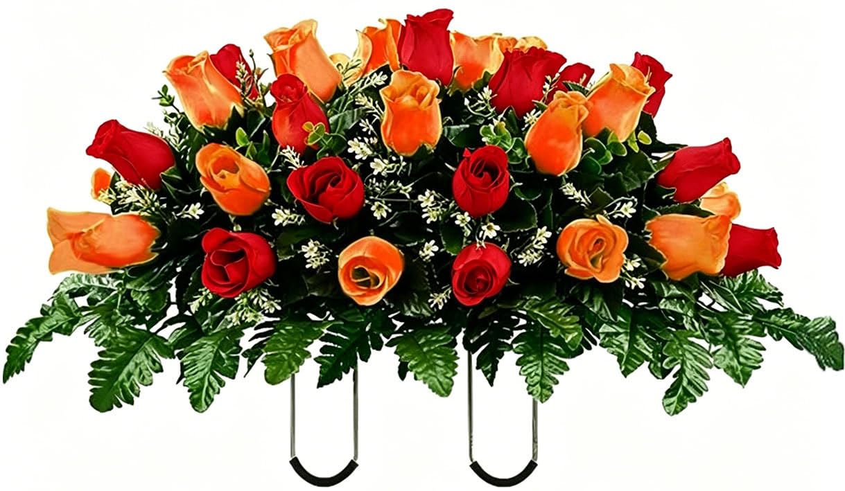 Artificial Roses Cemetery Flowers Outdoor Grave Decorations - Realistic - Saddle Arrangement for Headstone,Tombstone Memorial Decorations,Easy Fit (Red Orange) image 4