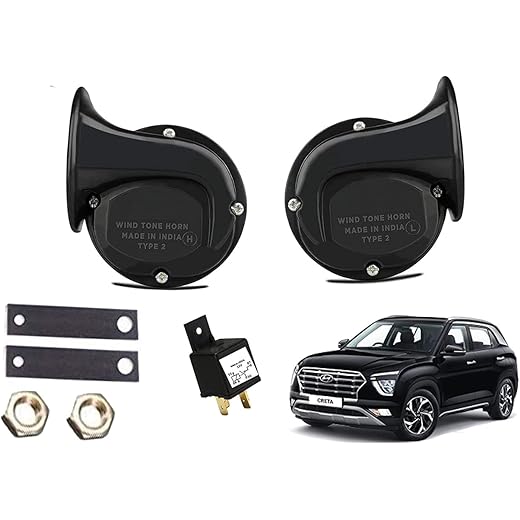 ATIF� HORN Hyundai Creta car Sound (Low + High) Compatible PACK of 2 dual tone (CRETA BLACK HORN WITH RELAY)