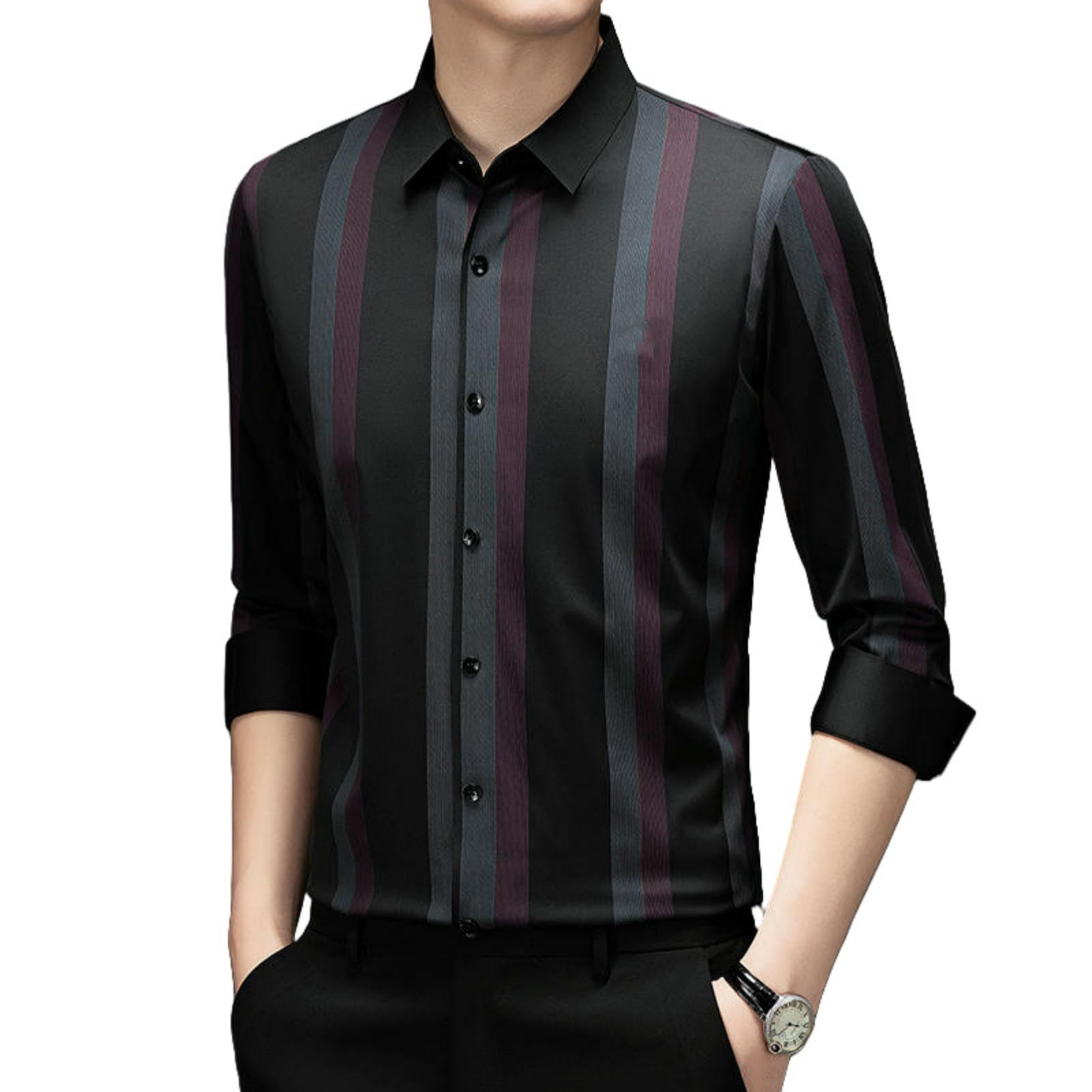 Camicia da uomo a maniche lunghe senza cuciture, per primavera e autunno, casual, senza grinze, anti-rughe, a righe elastiche