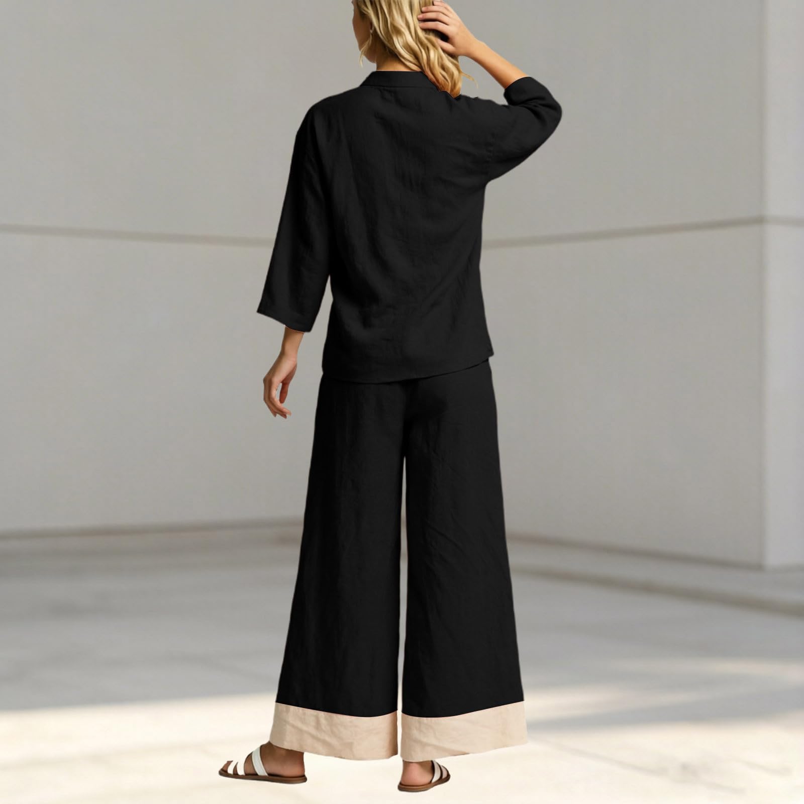 Generisch Damen Sommeroutfit mit französischem Kragen Bluse weiter Hose – leichtes atmungsaktives Set für Reise Büro Freizeit Alltag Date Shopping (Black, XXXL)