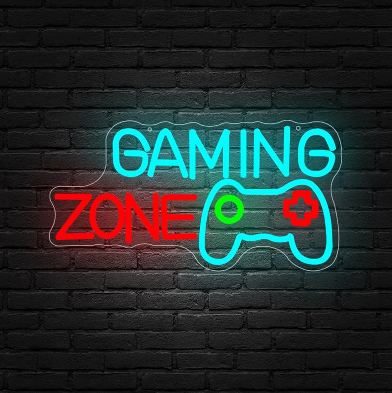 GAMING ZONE Neon Schild Gamepad LED Sign Leuchtendes Retro Gaming Schild für Wand Neon Lampe USB Dimmbar für Home Gaming Zimmer Streamer Hintergrund Erholungsgebiet Deko