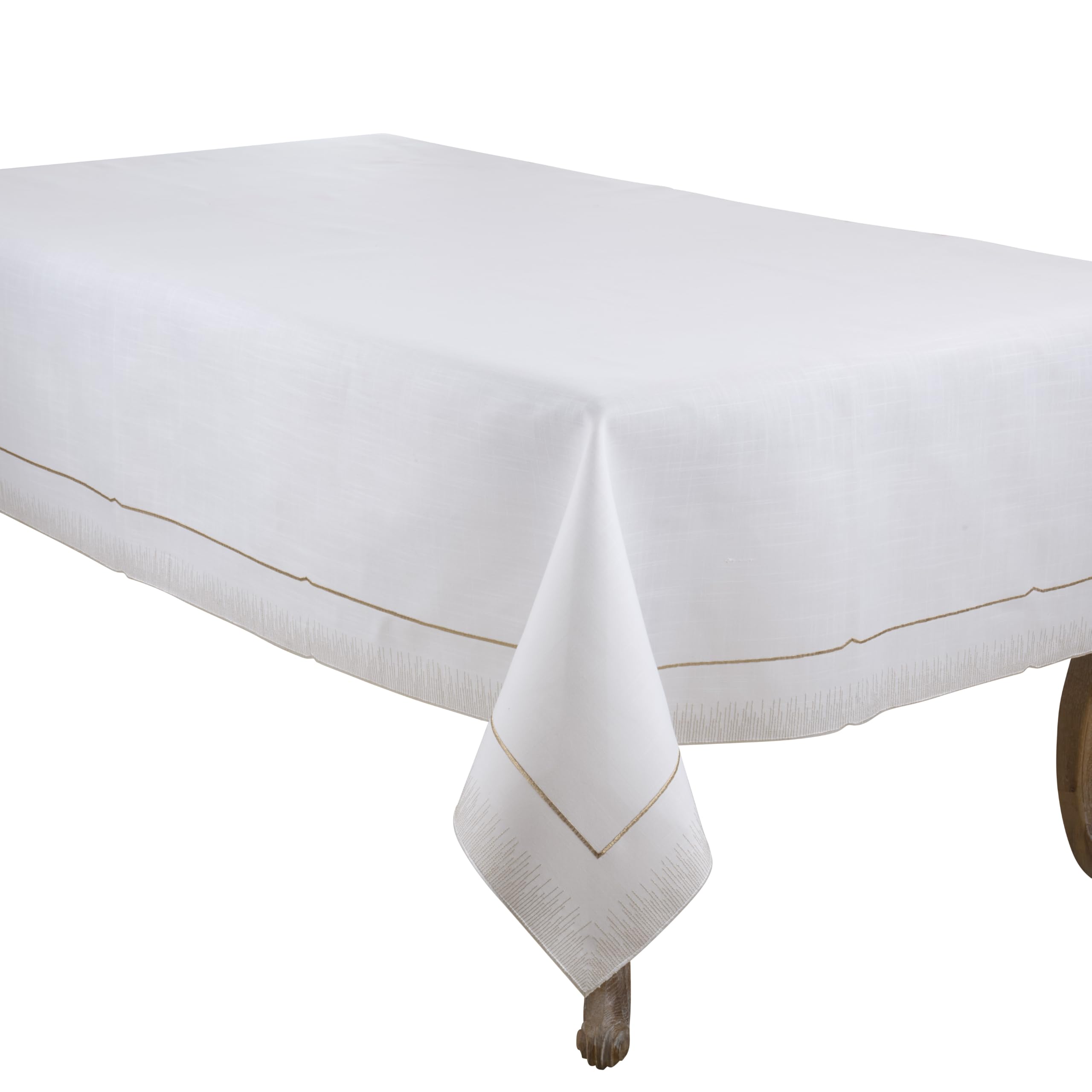 SARO LIFESTYLE Metallic Trim Tablecloth - Elegant Solid Tablecloth with Decorative Metallic Border and Textured Hem Detailing for Dining Tables and Entertaining, 60"x140", White