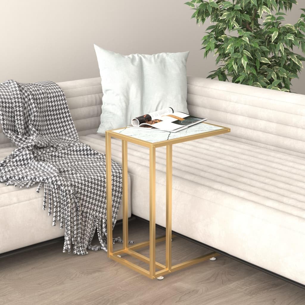 SXZenSpace White Marble Effect Side Table 50x35x65 cm Tempered Glass & Gold Iron Frame Modern Slim End Sofa for Living Room Bedroom Hallway