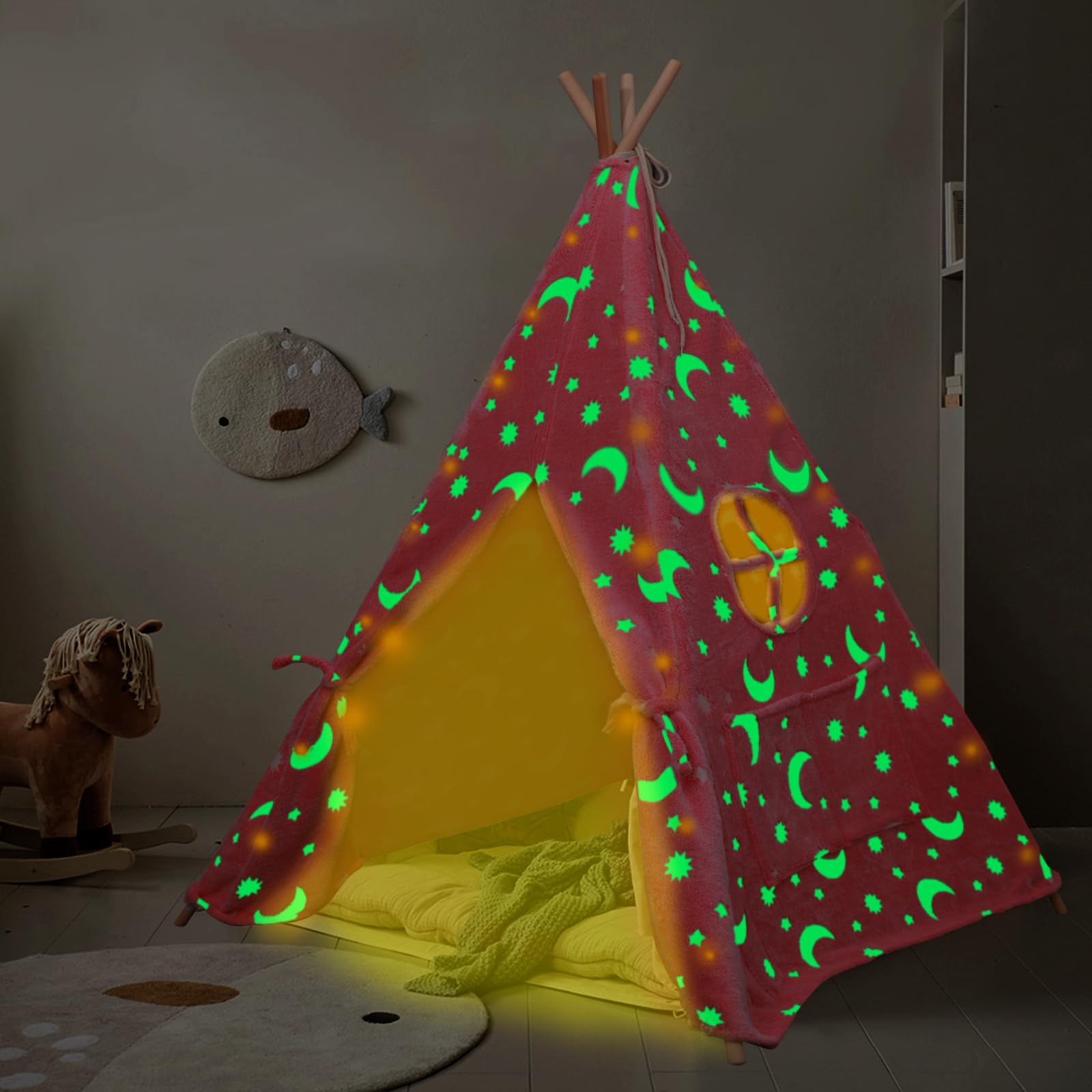ZAIXIA Teepee Tent for Kids,Portable Kids Play Tents,Indoor Glow Play Tent, Pink, 110x110x150 cm