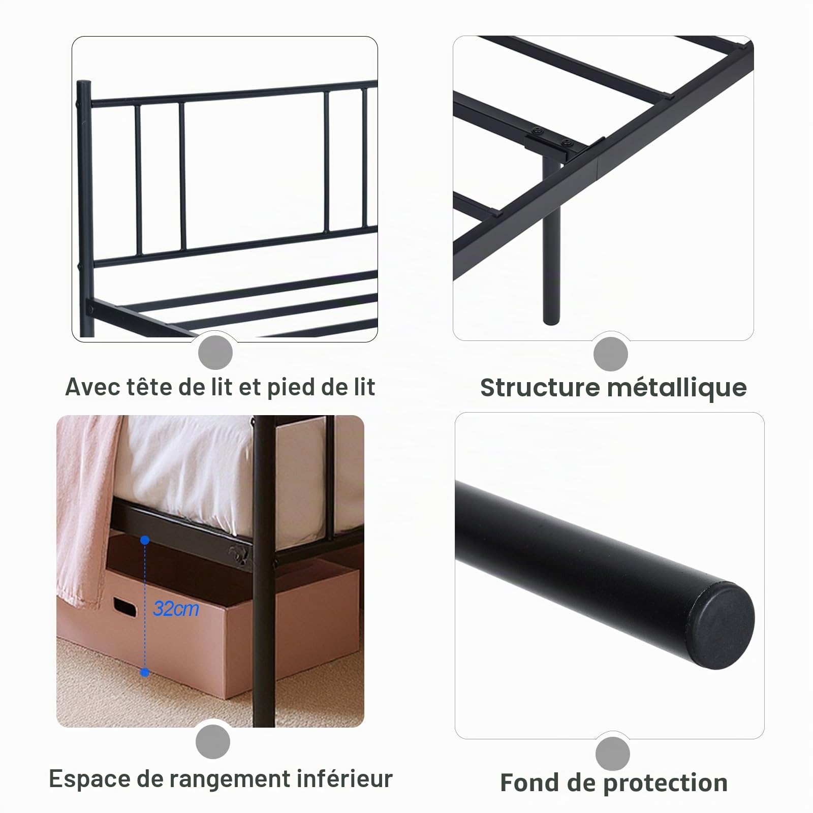 Métal Cadre de Lit, 90 x 190 cm, avec Tête et Pied, Lit Une Place, Adapté aux Petits Espaces, pour Adolescent, Enfant, Adulte, Nombreux Rangements sous, Noir