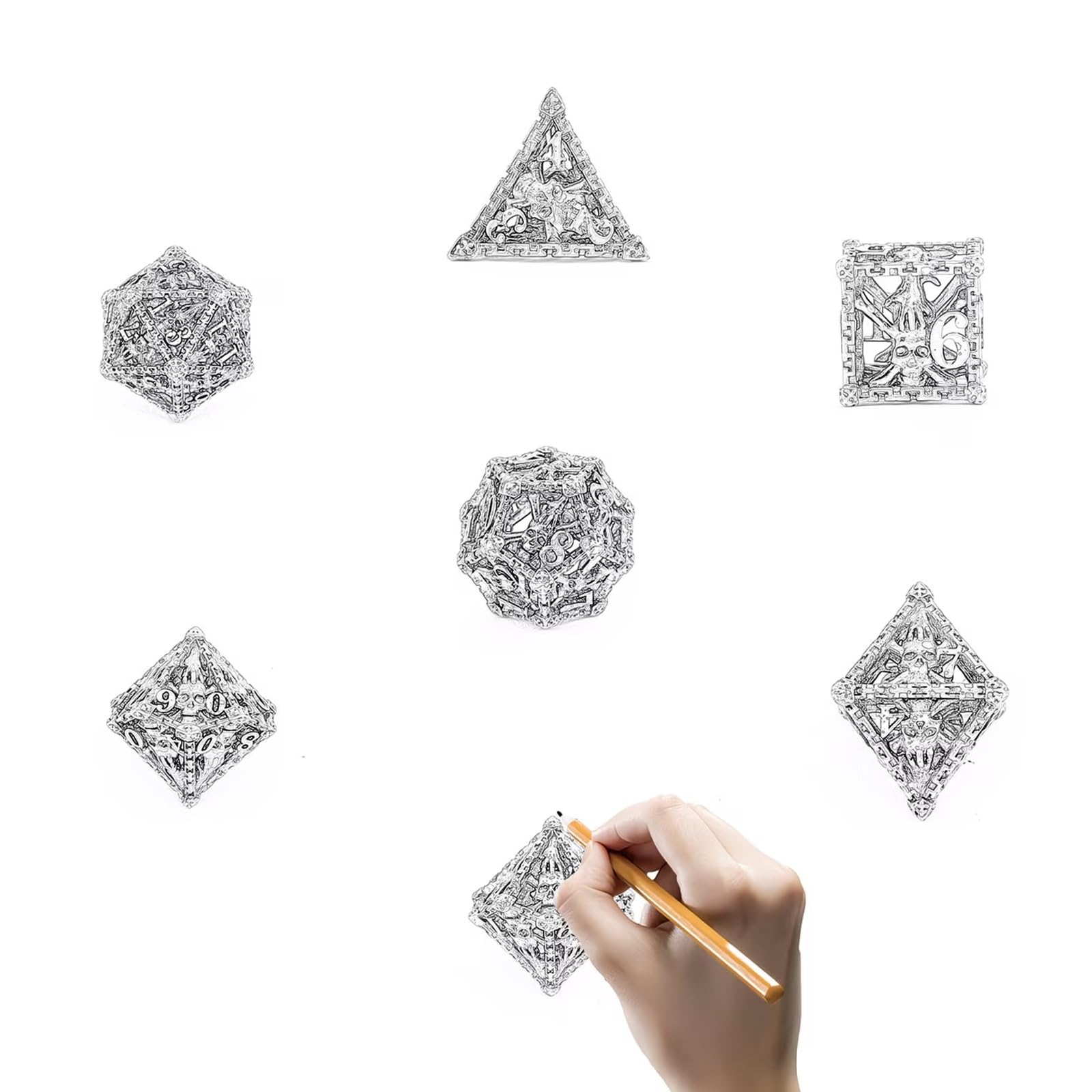 Lot de 7 Dés en Métal Argentés et Rouges en Forme de Crâne, Polyèdres Creux, Compatibles avec Les Jeux de Rôle de Plateau et de Cartes