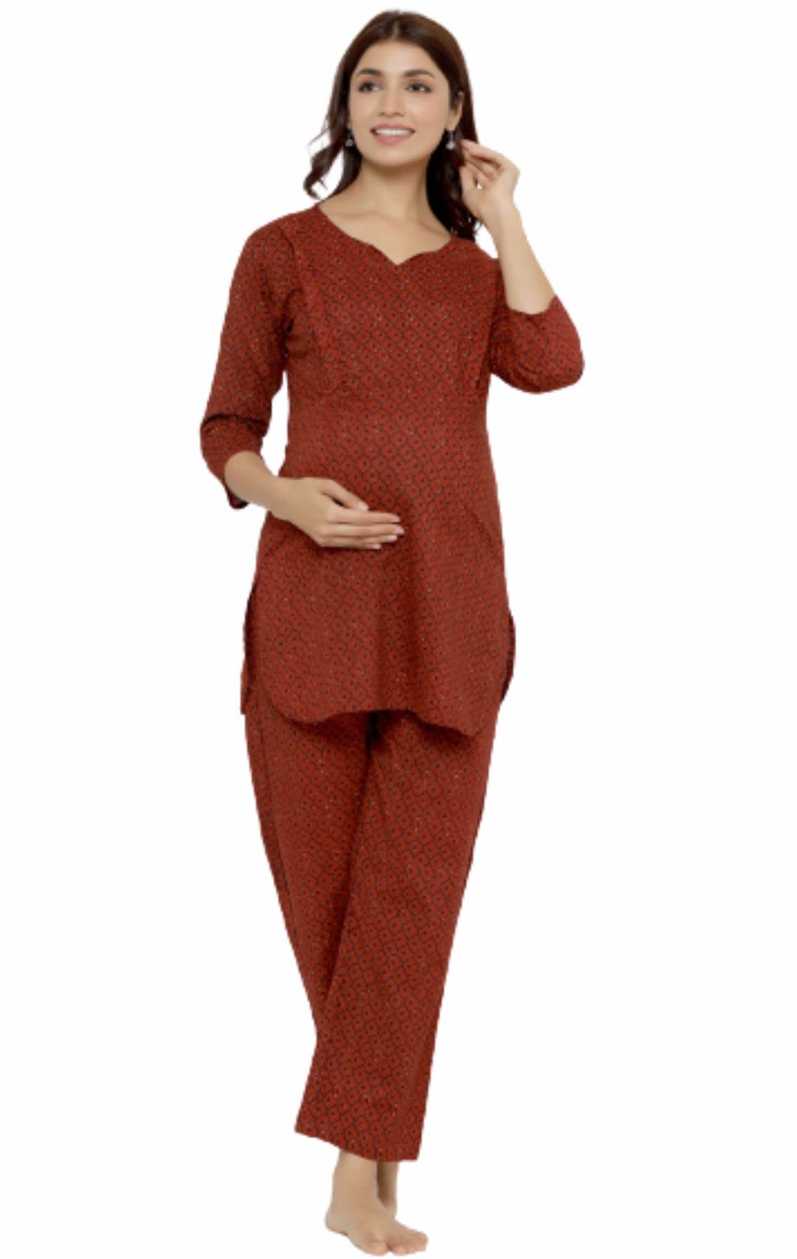 CRAFIQAPre & Post Maternity / Nursing Wear Hand Printed Night Suits / Night Dress with Both Sides Zipper for Easy Feeding for to Be Moms & Nursing Mothers – Pure Cotton –