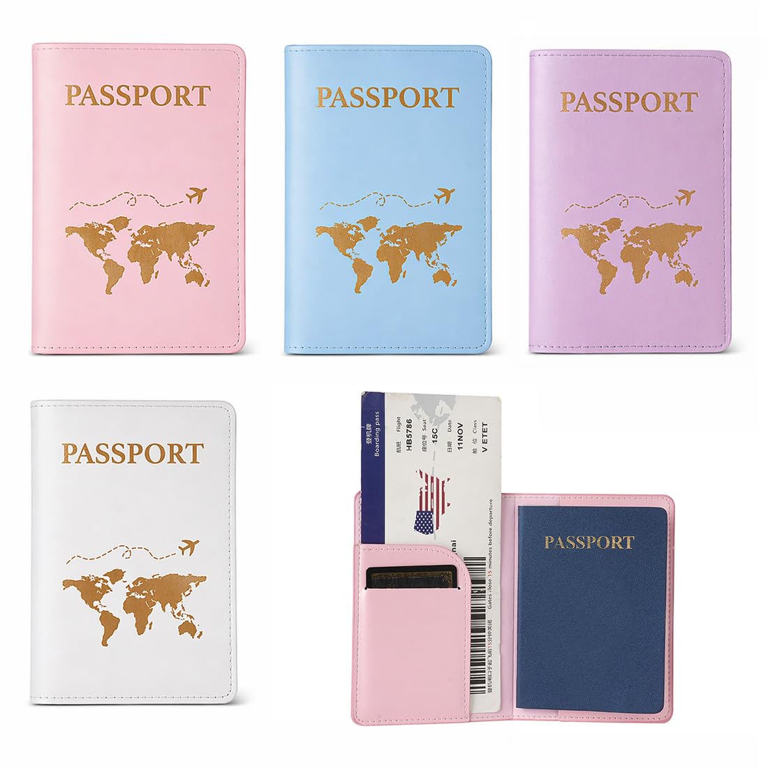 MKEAWUU Custodia Passaporto, 4 Pezzi In Pelle Pu, Colori Blu, Viola, Rosa Chiaro, Bianco, Formato Standard, Per Carte E Documenti