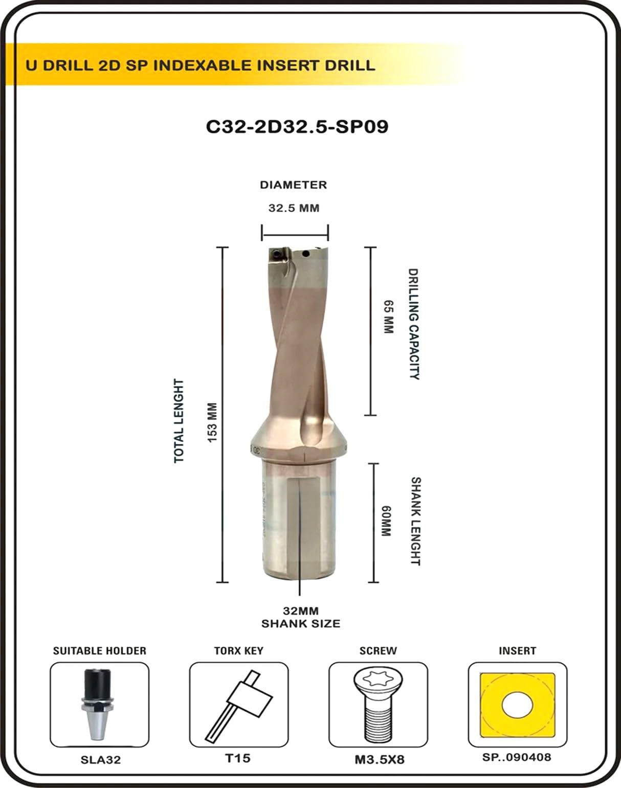 Buyohlic Indexable Insert U Drill 32.5 MM II Weldon Shank II Through Coolant II 10 pcs Carbide Inserts Free (Dia 32.5 mm~2D~32 mm Shank)